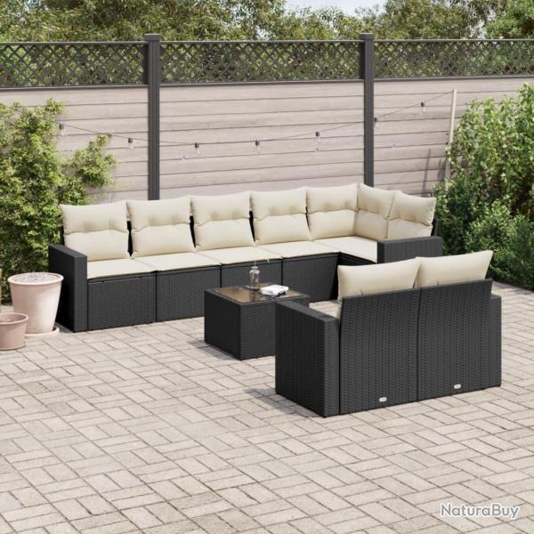Salon de jardin 9 pcs avec coussins noir rsine tresse alsavelo