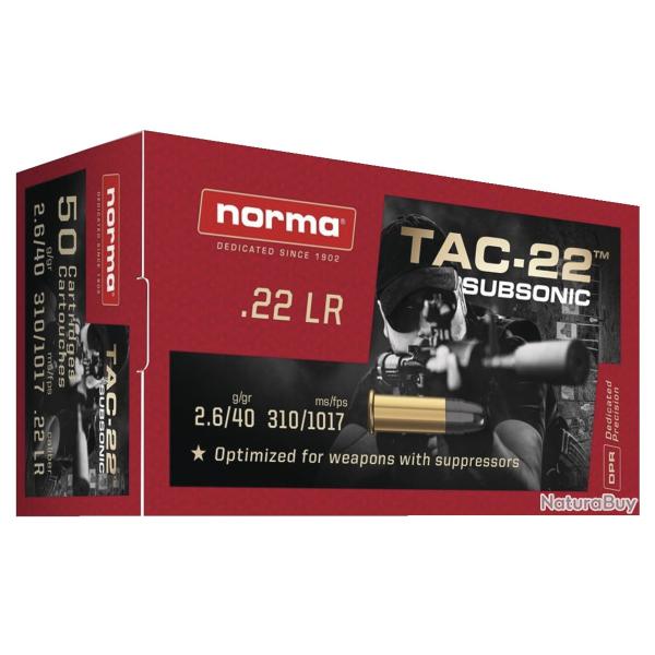 Cartouches NORMA TAC-22 Subsonic Calibre 22 Lr (Boite de 500 cartouches) Vitesse: 310 m/s