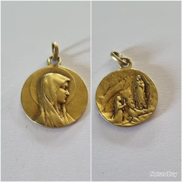 Mdaille Pendentif Or 18K Double Face Vierge Marie Vintage , Poinonn Tte Aigle , 750/1000 , 750%