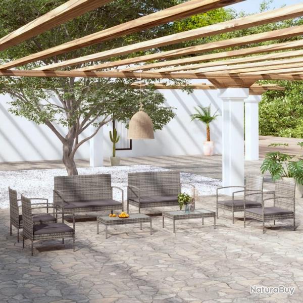 Salon de jardin 8 pcs avec coussins rsine tresse gris alsavelo