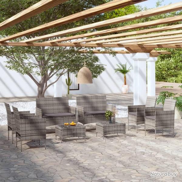 Salon de jardin 8 pcs avec coussins rsine tresse gris alsavelo