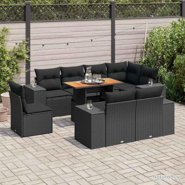 Salon de jardin 9 pcs avec coussins noir rsine tresse alsavelo