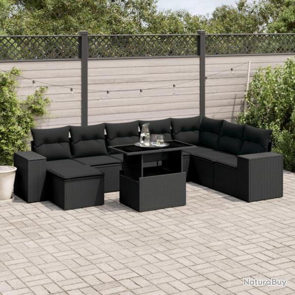 Salon de jardin 9 pcs avec coussins noir rsine tresse alsavelo