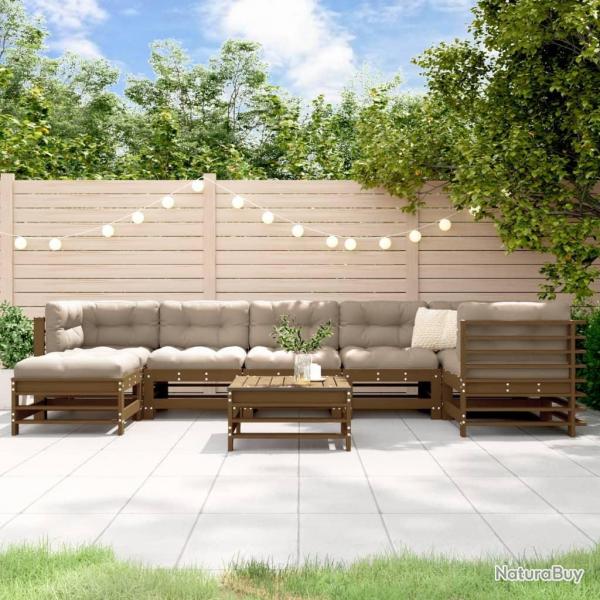 Salon de jardin 8 pcs avec coussins marron miel bois massif alsavelo