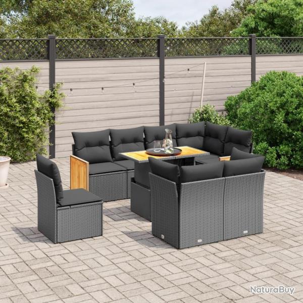 Salon de jardin 9 pcs avec coussins noir rsine tresse alsavelo
