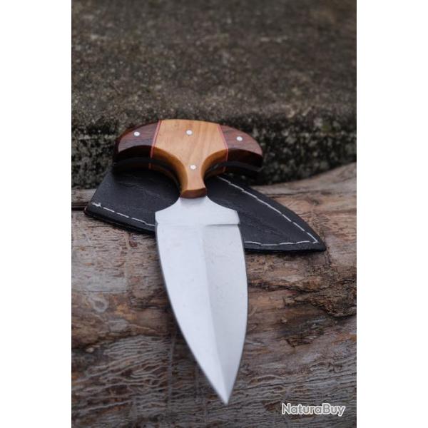 Push Dagger Lame Acier Carbone 1055 Couches Manche Bois Etui Simili CUir Fabric Artisanale