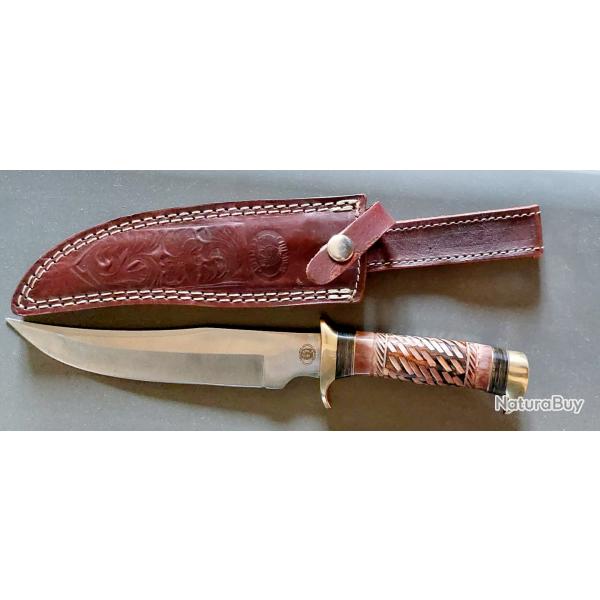 Couteau de chasse Bowie Frost Cutlery Chipaway - Acier carbone/Inox - Manche en os - tui cuir (FCW3