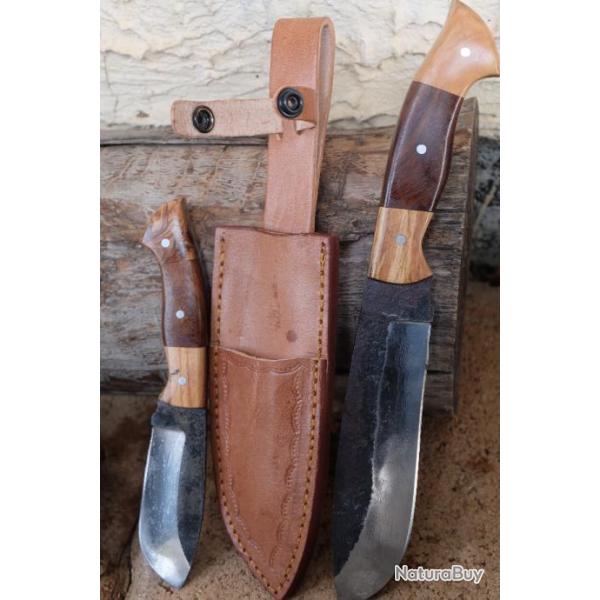 Set de 2 Couteaux Bushcraft Twin Hunter Lames Acier Carbone 1075 Manche Bois Etui Cuir F Artisanat01