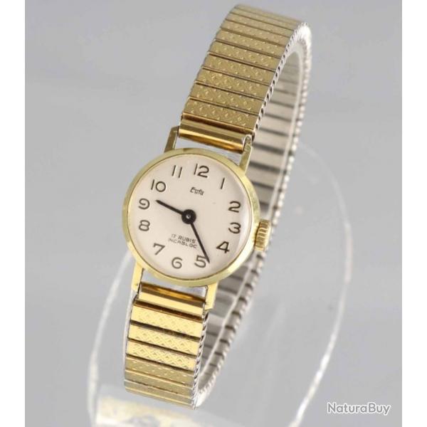 Montre Luxe de Dame Vintage Or 14K Eufa 17 Rubis Incabloc Ajustable Bracelet Extensible