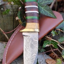 Couteau Puukko Skinner Damas Lame 256 Couches Lame Sheepfoot Manche Bois & Cuir Artisanale Etui Cuir