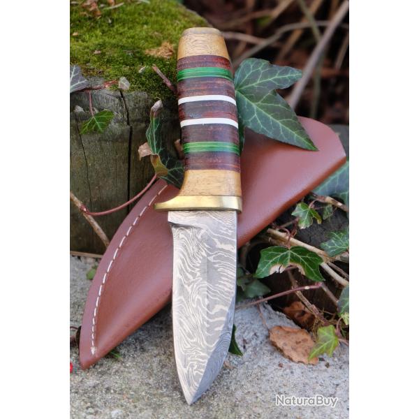 Couteau Puukko Skinner Damas Lame 256 Couches Lame Sheepfoot Manche Bois & Cuir Artisanale Etui Cuir