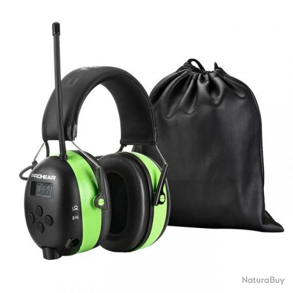 Casque de Protection Auditive Bluetooth AM/FM Rduction de Bruit 25 dB Batterie Rechargeable Vert