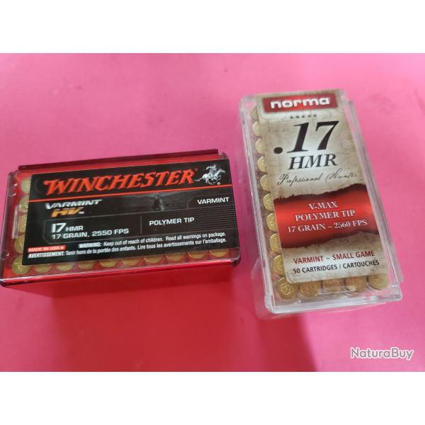 lot munitions 17 Hmr 17gr pointe polymre Winchester et Norma