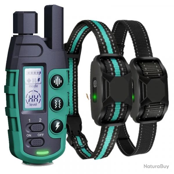 2X Colliers de Dressage pour Deux Chiens Rechargeable tanche Porte de 1100M Vibration Bip Vert