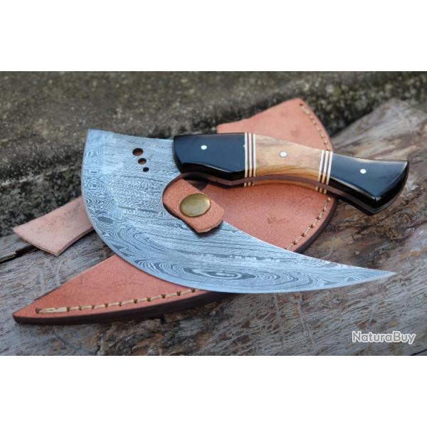 Couteau d'Esquimau Inuit Ulu Lame Acier Damas 256 Couches Manche Bois&Rsine Etui Cuir F Artisan 01