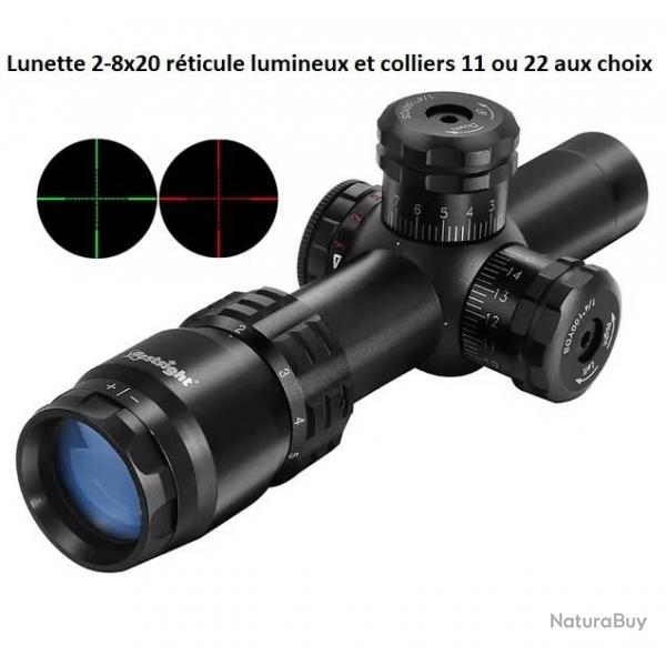 Lunette de tir compact 2-8x20 reticule Mil Dot lumineux avec colliers 11 ou 22 mm aux choix