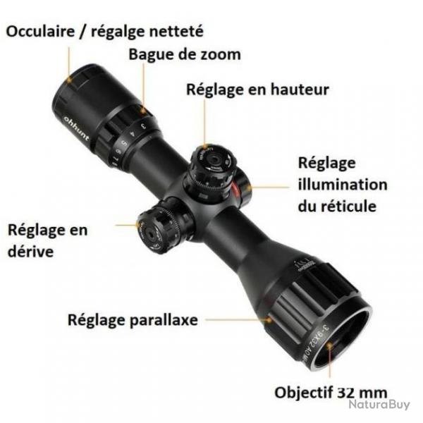 Lunette de tir 3-9x32 AOCE rticule lumineux Mil Dot compatible cal. 12 GA /.308/.338 colliers 11 ou