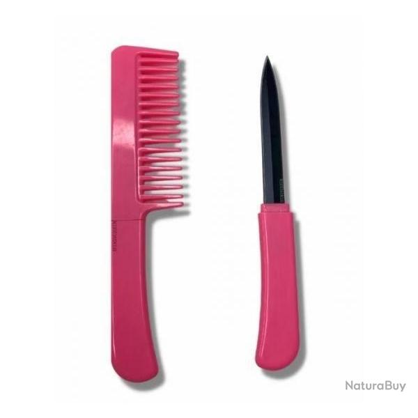 Peigne  cheveux rose self defense avec couteau cach