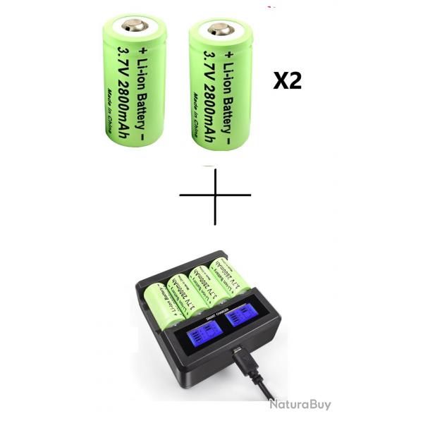 2 Batteries rechargeables CR123A 2800 mAh + chargeur USB 4 emplacements