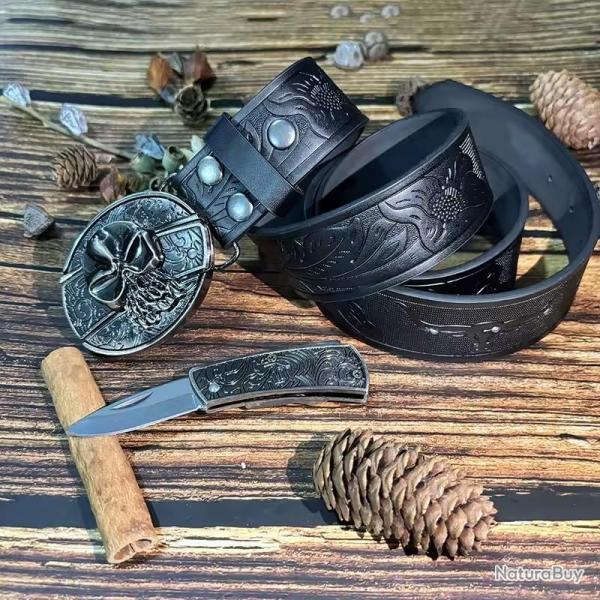 Ceinture en cuir avec boucle tte de mort et couteau cach