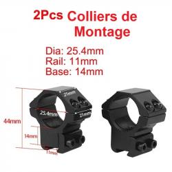 2 Colliers de Fixation Montage Diam 25,4mm Rail 11mm Moyen Optique Lunette