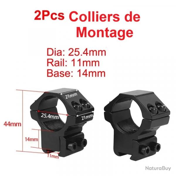 2 Colliers de Fixation Montage Diam 25,4mm Rail 11mm Moyen Optique Lunette