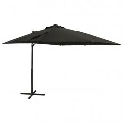 Parasol de jardin en porte-à-faux et mât et lumières LED noir alsavelo