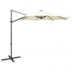 Parasol de jardin en porte-à-faux et mât et lumières LED sable alsavelo