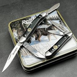 Set de Couteaux Pliants Remington White Tails Lames Acier Inoxydable Manches Os Blanc Boite Métal