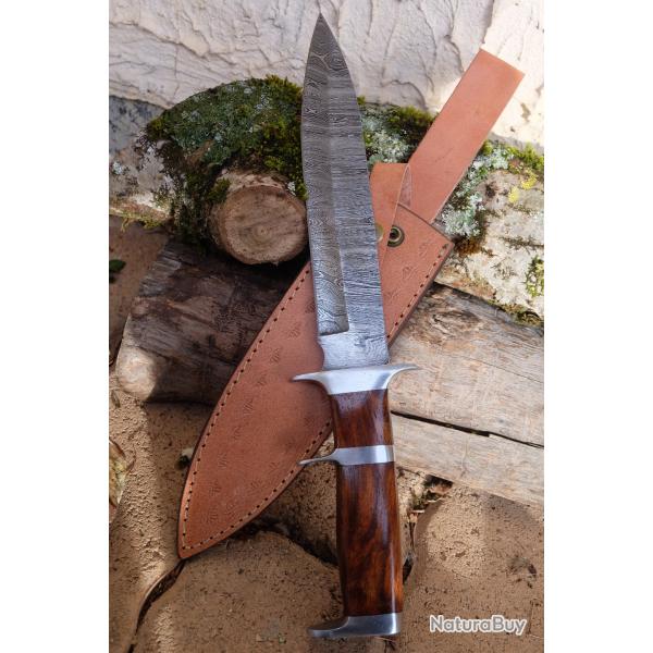 Poignard De Chasse Sub-Hilt Fighter Lame Acier Damas 256 Couches Manche Bois Etui Cuir F Artisanale