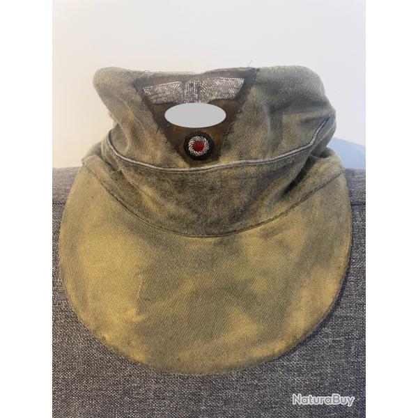 Casquette tropicale d'officier WH AK en toile verte olive / sable, insigne brod