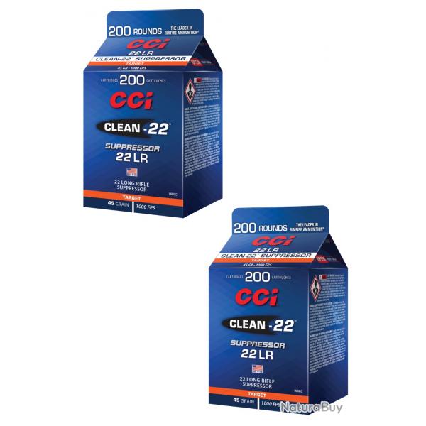 Lot de 2 boites de 200 CCI C/22LR Clean-22 Suppressor 45 Grains