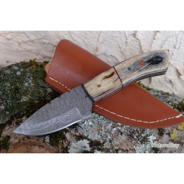 Skinner Couteau de Chasse Damas Lame Upswept Acier 256 Couches Manche Bois Etui Cuir Fab Artisanale