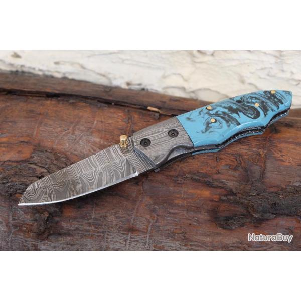 Beau Couteau Dandy Damas Lame Spear Point 128 Couches Manche Turquoise Linerlock Fabric Artisanale