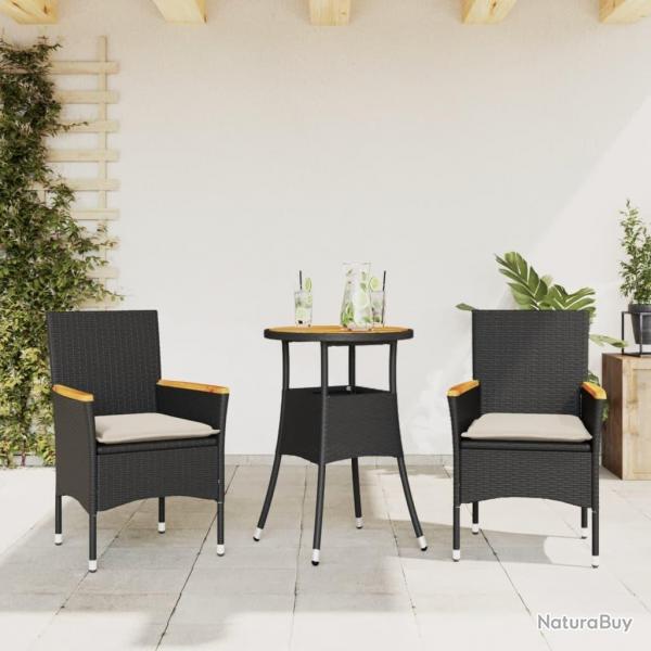 Ensemble  manger de jardin et coussins 3 pcs noir rotin acacia alsavelo