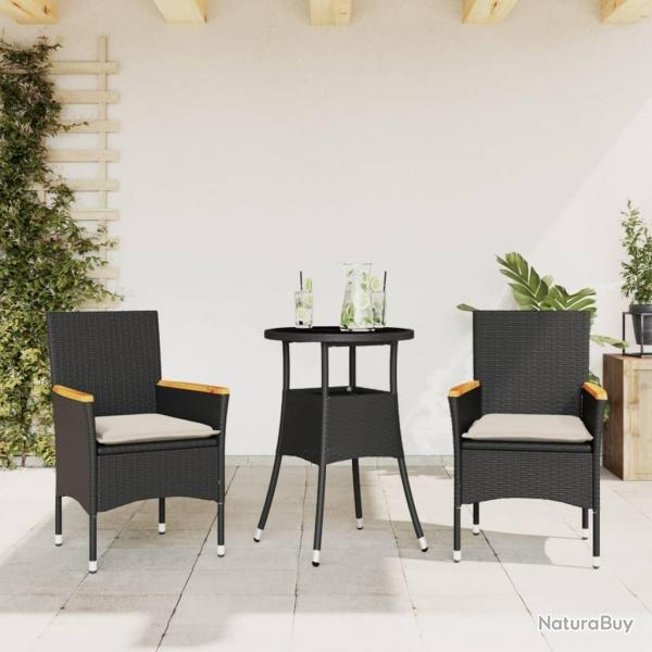 Ensemble  manger de jardin et coussins 3 pcs noir rotin verre alsavelo