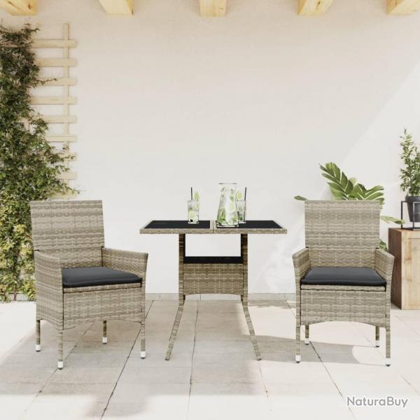 Ensemble  manger de jardin avec coussins 3 pcs rotin et verre alsavelo