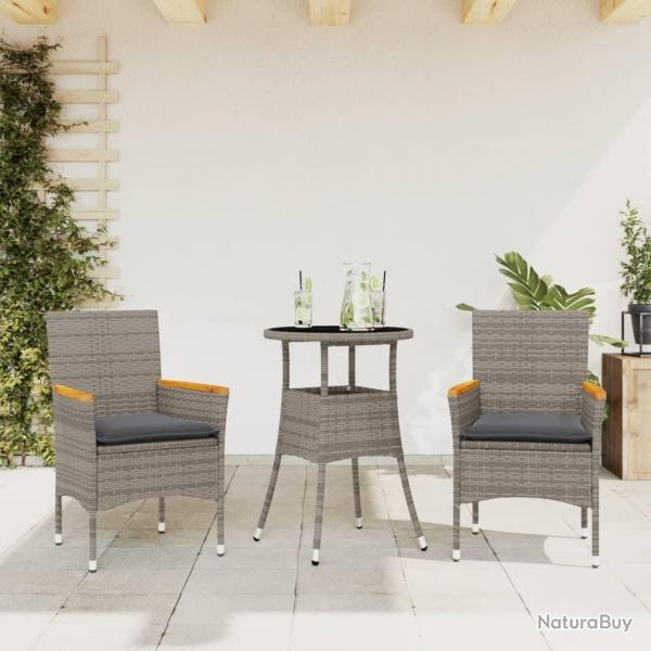 Ensemble  manger de jardin et coussins 3 pcs gris rotin verre alsavelo