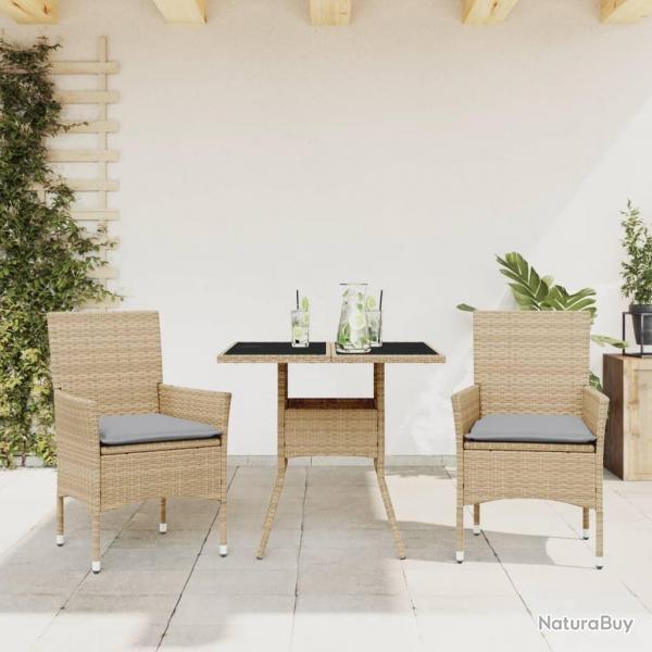 Ensemble  manger de jardin et coussins 3 pcs beige rotin verre alsavelo