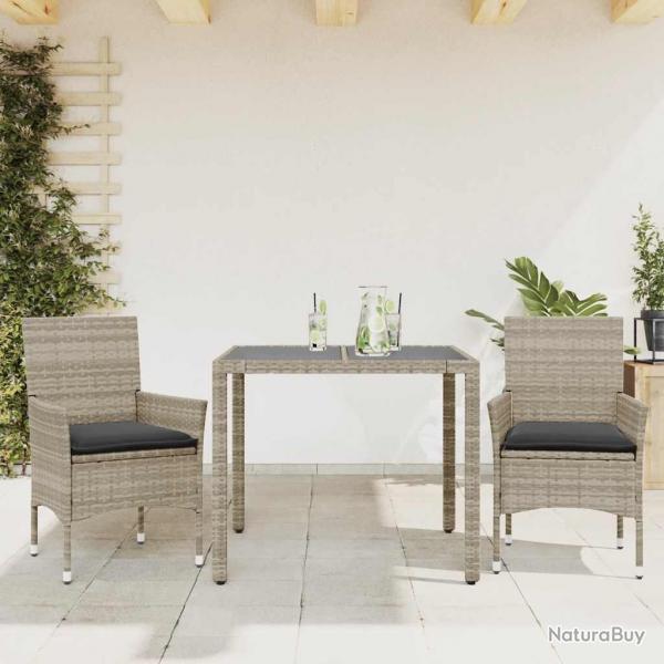 Ensemble  manger de jardin avec coussins 3 pcs rotin et verre alsavelo