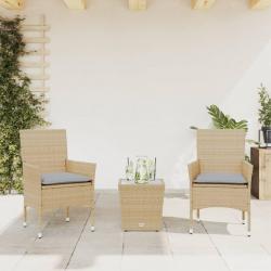 bistro avec coussins 3 pcs beige rotin et verre alsavelo
