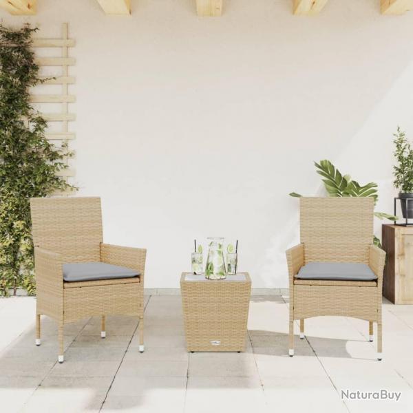 bistro avec coussins 3 pcs beige rotin et verre alsavelo
