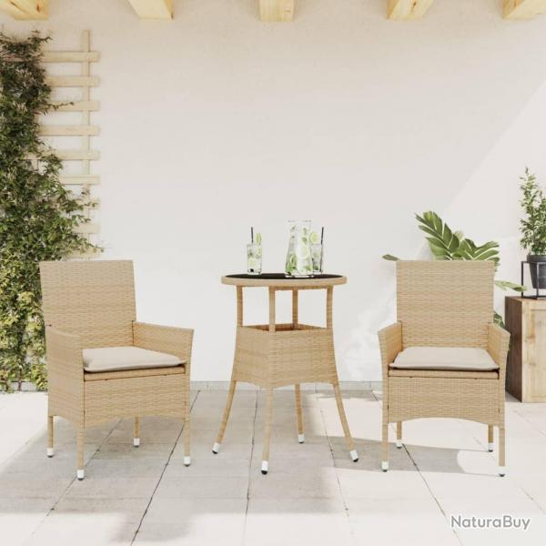 Ensemble  manger de jardin et coussins 3 pcs beige rotin verre alsavelo