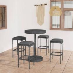 bar de jardin 5 pcs et coussins Résine tressée Gris alsavelo
