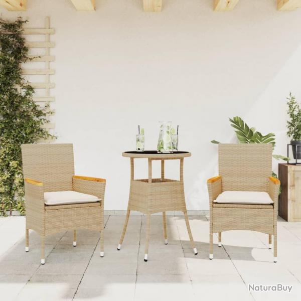 Ensemble  manger de jardin et coussins 3 pcs beige rotin verre alsavelo