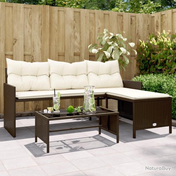 Canap de jardin avec table et coussins en forme de L marron alsavelo