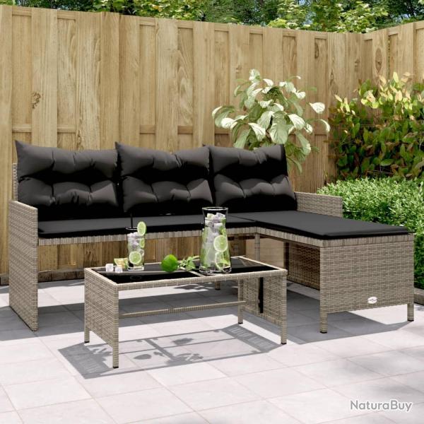 Canap de jardin avec table et coussins en forme de L gris alsavelo