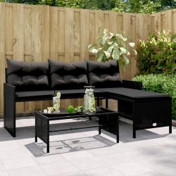Canapé de jardin avec table et coussins en forme de L noir alsavelo