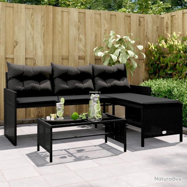 Canap de jardin avec table et coussins en forme de L noir alsavelo
