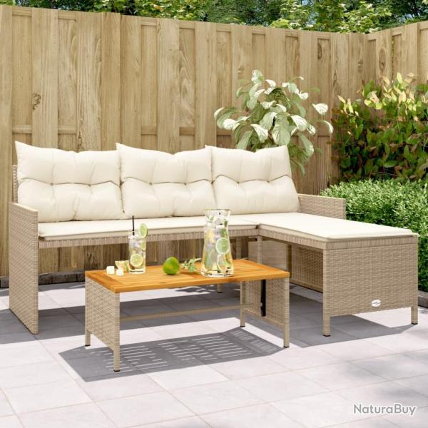 Canap de jardin avec table et coussins en forme de L beige alsavelo